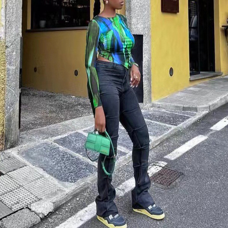 T-shirt stampata verde da donna, pantaloni a gamba larga, set casual in due pezzi_voghion.com