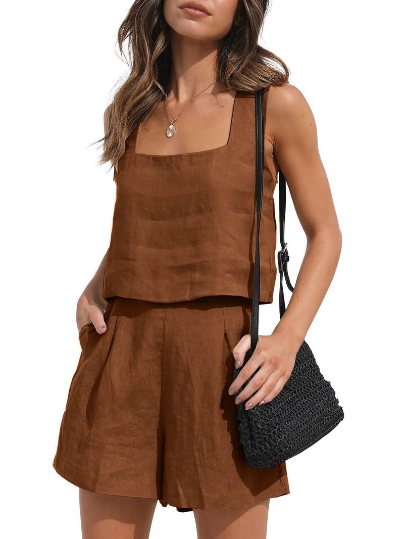 Abito casual da donna in 2 pezzi, pantaloncini di lino, gilet senza maniche_voghion.com