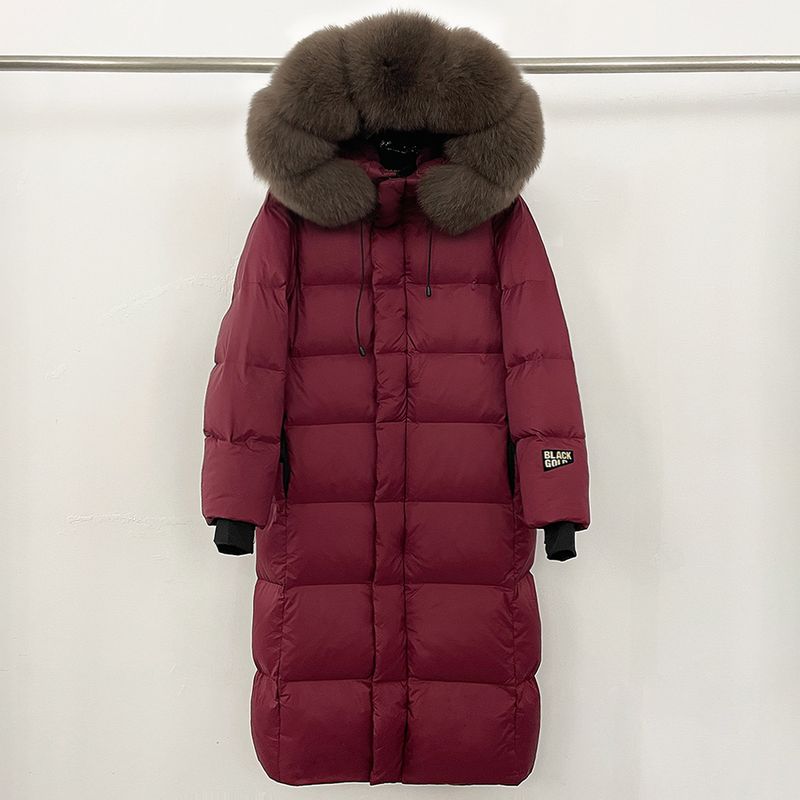 Abbigliamento da donna Cappotto in piumino d'oca Premium Gold Parka lungo extra caldo con cappuccio in pelliccia staccabile Soprabito invernale con lussuosa rifinitura in pelliccia di volpe/procione_voghion.com