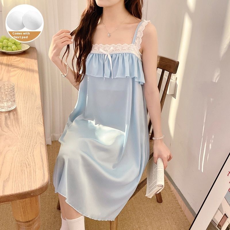 2024 Summer New Style with Chest Mat Sleeping Women's Strap Ice Silk Thin Lace Home Clothing Long Skirt_voghion.com