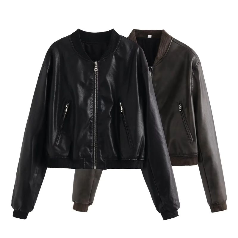 Damenbekleidung PU-Leder Streetwear Kurze Bomberjacke - Slim Fit Stehkragen Pilotenmantel für Männer & Frauen (Braun/Schwarz/Grau)_voghion.com