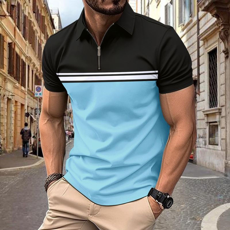 Polo estiva da uomo a maniche corte con cerniera alla moda a contrasto di colore_voghion.com