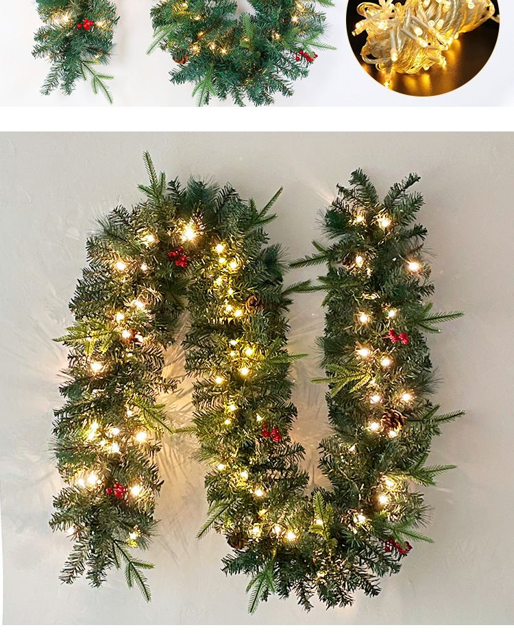 Ghirlanda natalizia in PVC da 2,7 m con bacche rosse e pigne - Vite verde densa per decorazioni natalizie (luci calde opzionali)_voghion.com