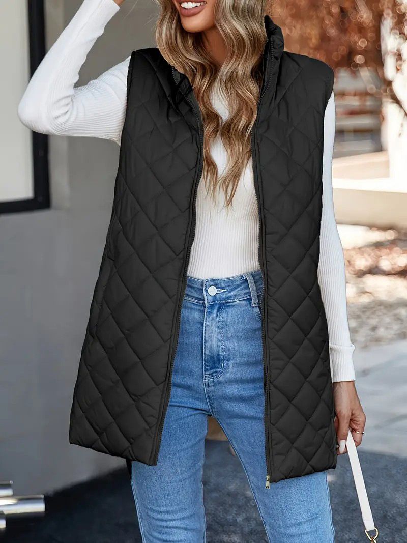 Damenbekleidung, dünn, warm, leicht, warm, gesteppter Westemantel mit Kapuze – lange ärmellose Jacke für lässige Outfits (Schwarz, Beige)_voghion.com