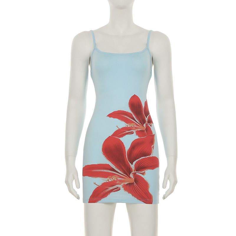 Strandurlaubsstil, großer Blumendruck, kontrastfarbene Basis, schmale Passform, hüftbetont, Hosenträgerkleid, kurz, neu_voghion.com