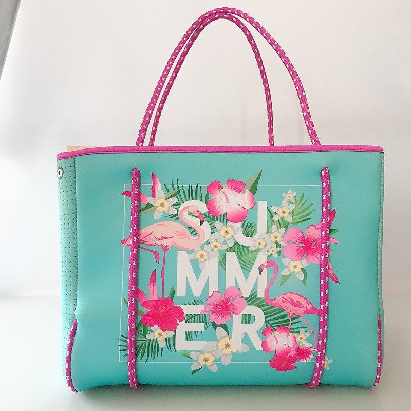 Tauchstoff Strandtasch, bedréckte Flamingo Handtasche, Outdoor Picknick Fraen Handtasche mat grousser Kapazitéit_voghion.com