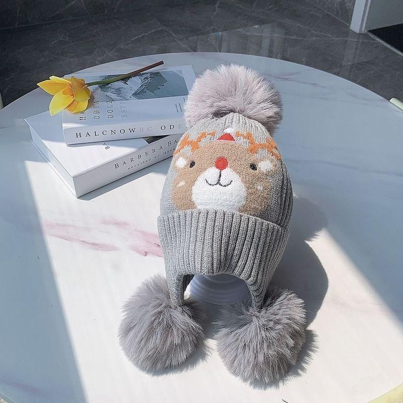 Cappello invernale in lana nuova, motivo natalizio con alce, modello a tre palline di pelo, protezione antivento e calda per le orecchie, versatile cappello lavorato a maglia per bambini_voghion.com