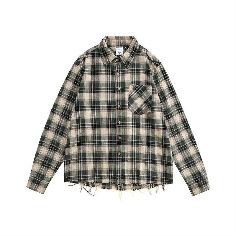 Herrenbekleidung, kontrastfarbenes Karo-Langarmhemd mit kontrastfarbenem Besatz, entspannte Passform, lässiges Streetwear-Hemd mit Knopfleiste im Used-Look für den Herbst_voghion.com