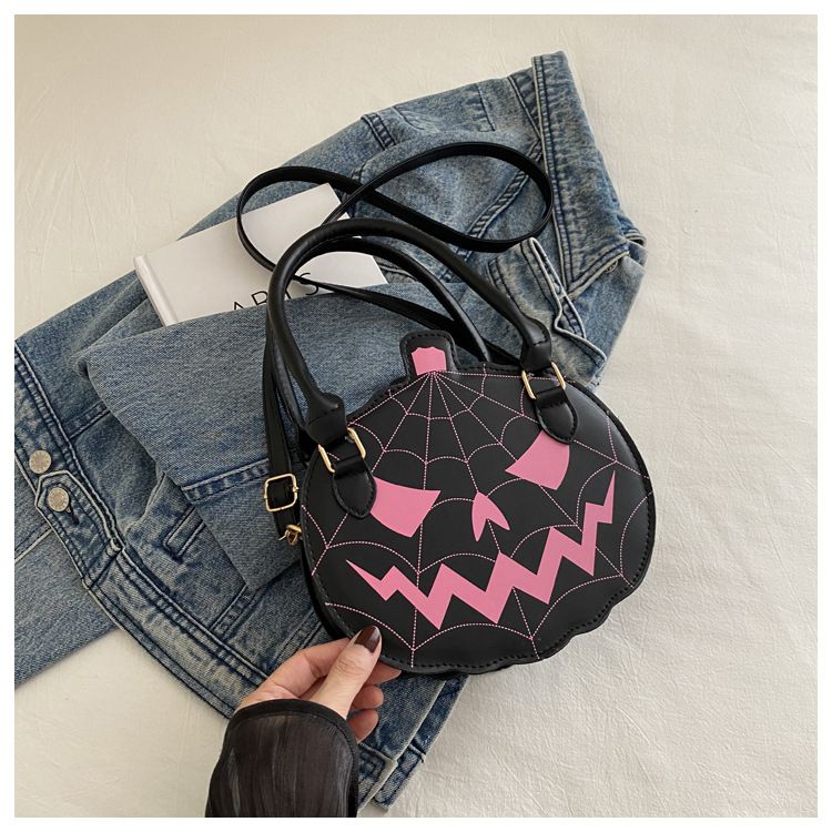 Borsa a tracolla con zucca di Halloween - Piccola borsa a tracolla rotonda in stile retrò con blocchi di colore, chiusura con cerniera e tasca per telefono_voghion.com