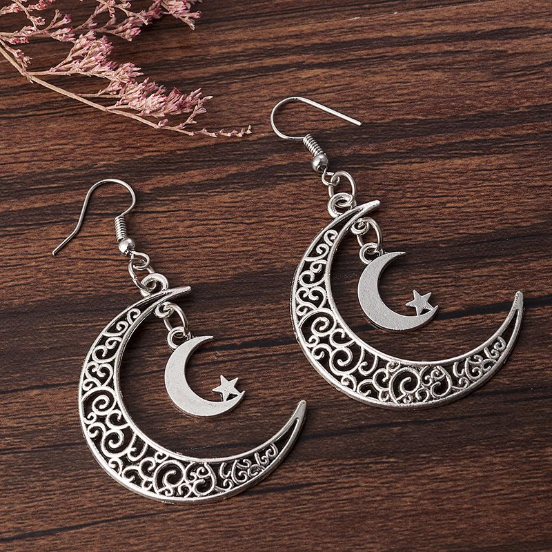 Pendientes de estrella de aleación de luna hueca Pendientes de gancho en forma de media luna_voghion.com