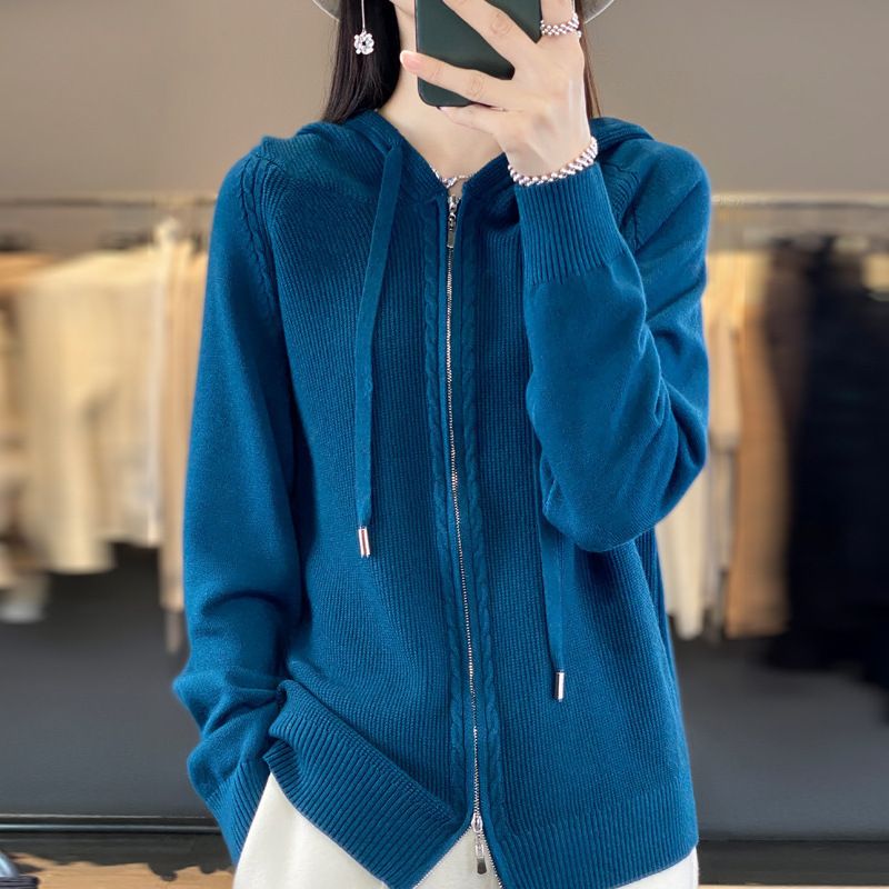 Double Zipper Knitted Cardigan Women's Hooded Sweater Autumn Winter New Loose Casual Solid Color Versatile Coat_voghion.com