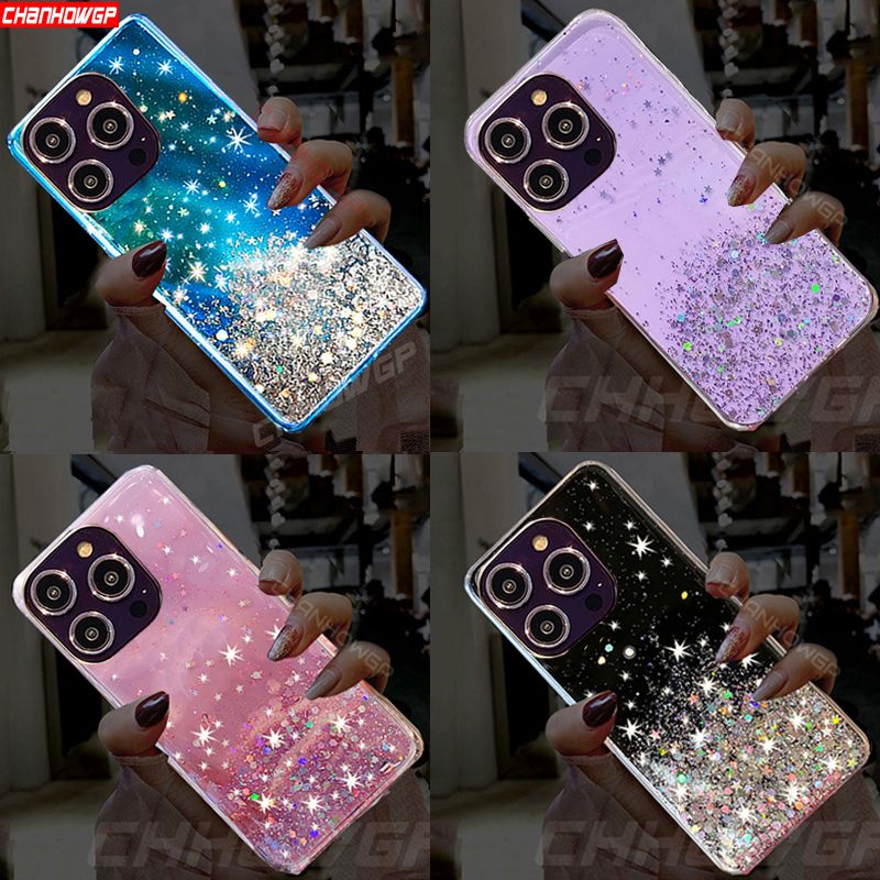 Silikonska maskica s gradijentom i svjetlucavim blistavima za iPhone 14 13 12 11 Pro Max X XR XS Max 7 6 8 Plus, luksuzna prozirna maskica sa zvijezdama_voghion.com