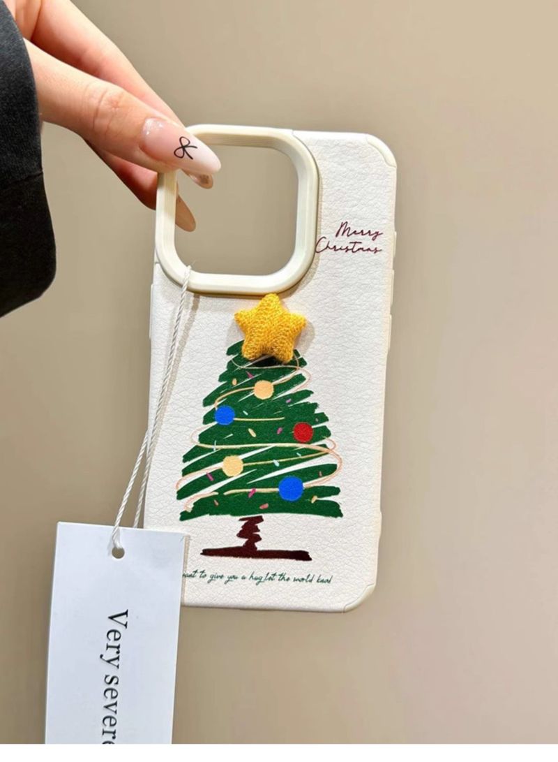 Custodia a forma di albero di Natale con pois e stelle 3D di TechGlobe per iPhone 16, 15 Pro Max/14/13/12_voghion.com