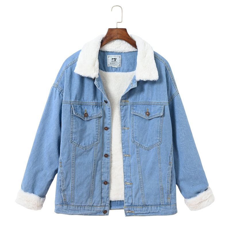 Giacca da donna in denim foderata in pile, calda e calda, con collo in pelliccia sintetica di coniglio, casual, blu, oversize, con spalle scese_voghion.com