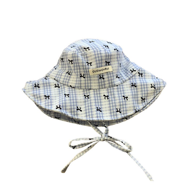 Blau karierter Fischerhut für Damen, Sommerhut mit großer Krempe und Umschnall-Sonnenhut, faltbar_voghion.com