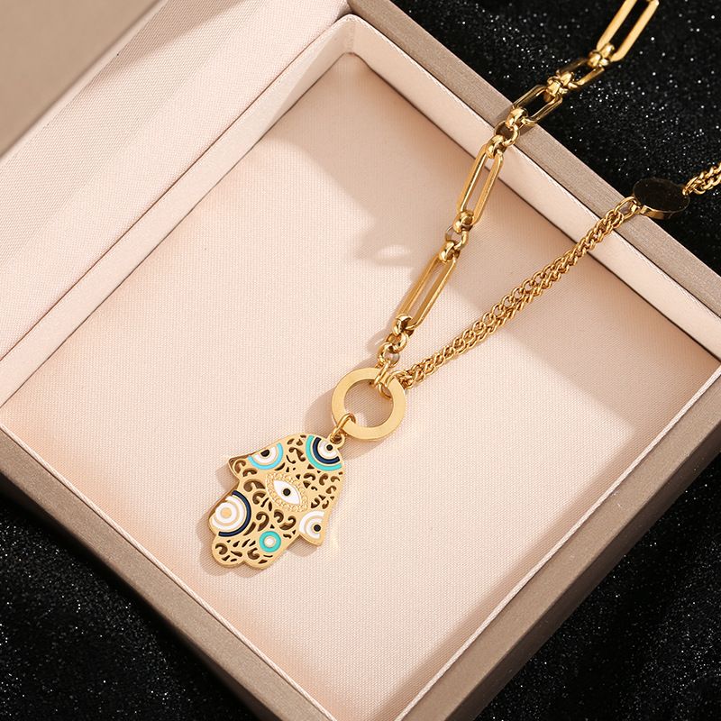 Collezione Mystic Eye - Set di gioielli con ciondolo a forma di palma dipinta in stile europeo e americano, in acciaio al titanio_voghion.com