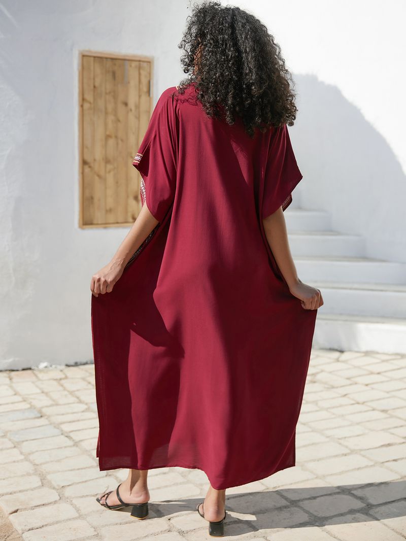 Damenbekleidung Baumwolle Stickerei Urlaub Lose Große Größe Kleid Strand Lange Robe Bikini Cover Up_voghion.com