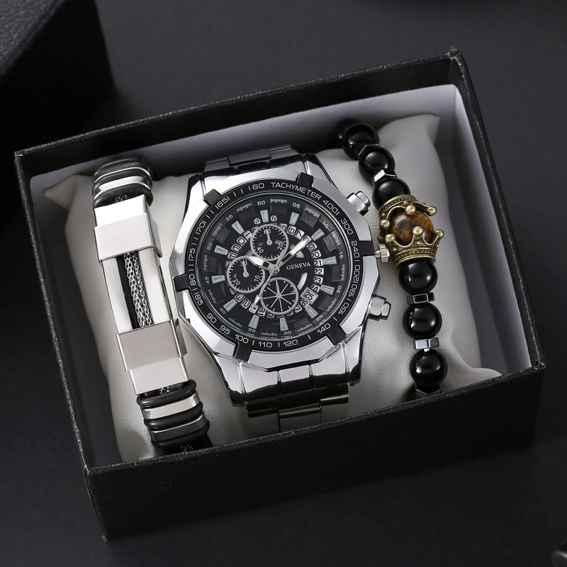 Men's Watches Non Mechanical Watch Set Men's Fashion Casual Steel Band Quartz Watch + Versatile Bracelet 3pcs/set_voghion.com