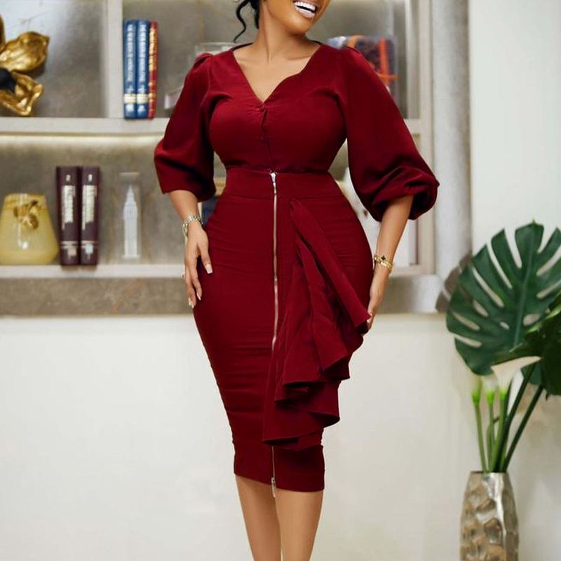 D306 Large Women's Autumn/Winter V-Neck Long Sleeved Top Wrapped Hip Half Skirt Two Piece Set_voghion.com