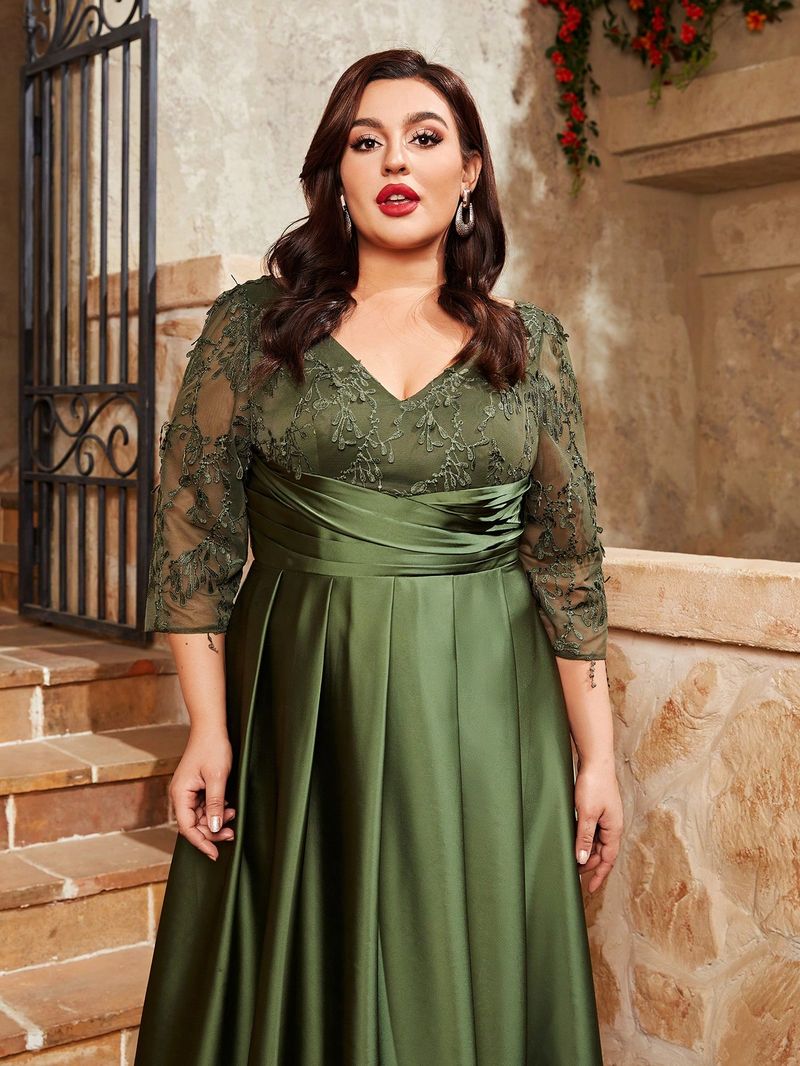 Robe de soirée grande taille Mgiacy, col en V, broderie en dentelle, tissu satiné, jupe longue pliée à la main, robe de bal_voghion.com