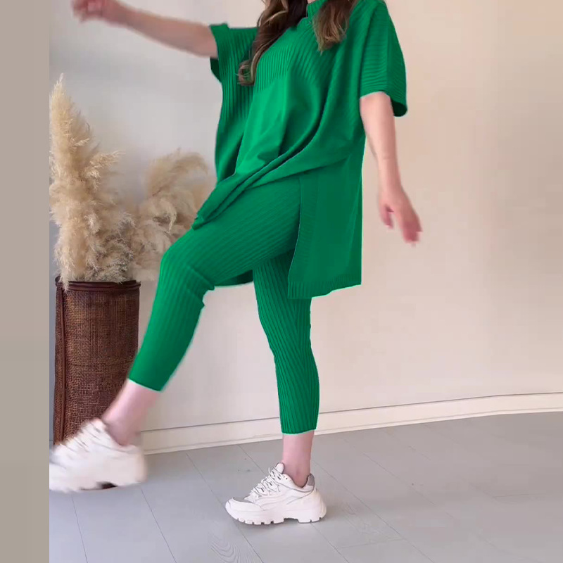 Women's Solid Color Round Neck Large Size Short-sleeved Slit Sweater Casual Suit_voghion.com