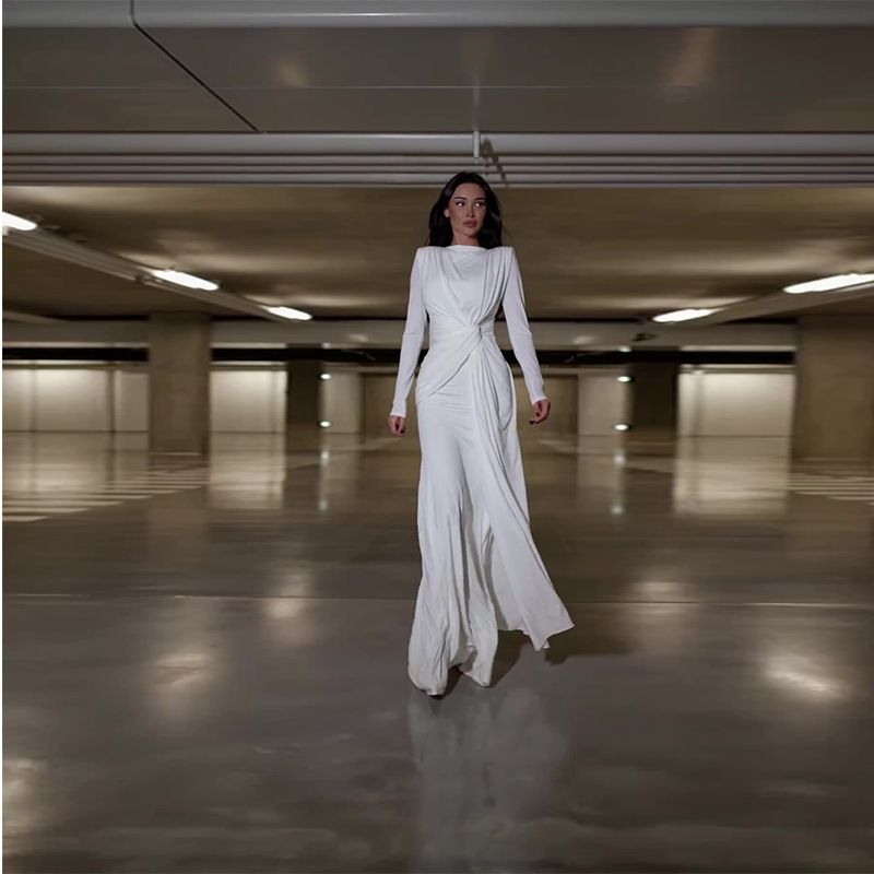 Women's Clothing Sexy Fashion Round Neck Pleated Waist Slim Fit Solid Color Temperament Dress_voghion.com