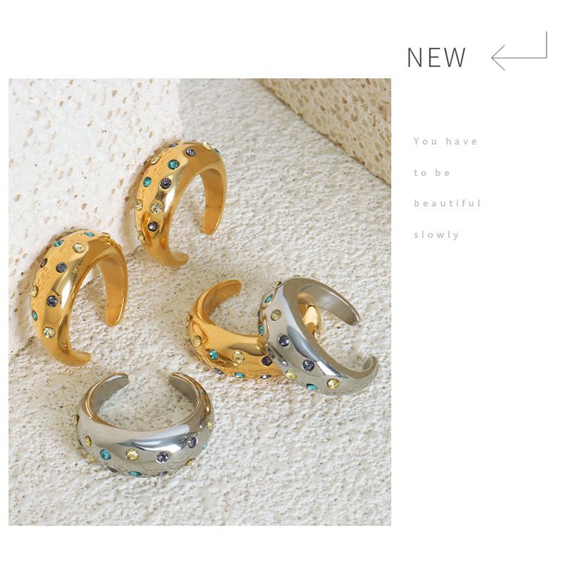Retro Inlaid Ring Colored Diamond Opening Personality Temperament Ring Titanium Steel Ring Jewelry Women_voghion.com