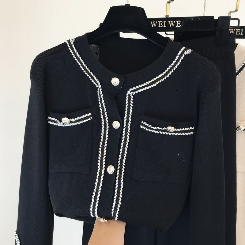 Kadın moda yuvarlak boyun örme hırka üst geniş bacak pantolon iki parçalı set_voghion.com