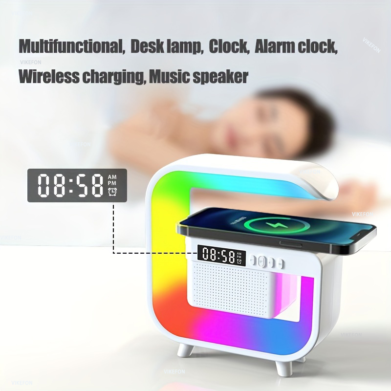 Enceinte Bluetooth RGB sans fil, chargeur sans fil, support, carte TF, radio FM, réveil pour iPhone 16 à 12 Pro Max, charge rapide, lecteur de musique_voghion.com