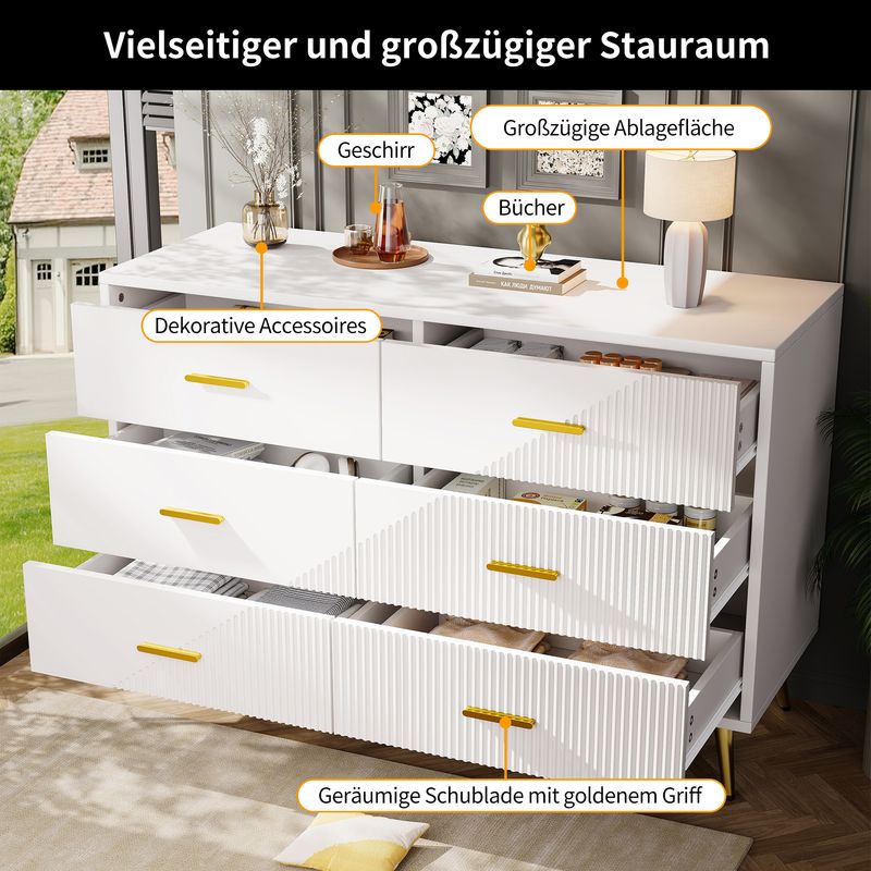 Kommode Weiß Mit 6 Schubladen, 3D-Schranktürdesign, Goldene Beine_voghion.com
