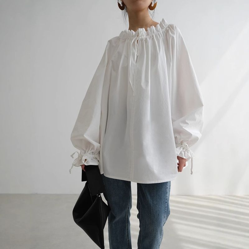 K French Style Long-sleeved Sun-protective Blouse With Ear-shaped Lace Hem For Women; Versatile Shirt_voghion.com