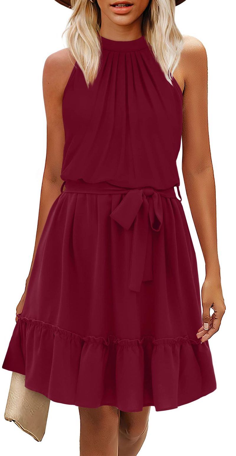 2023 Frühling und Sommer, A-Linien-Rock, Neckholder, florales Schnür-Tunika-Kleid mit offenem Rücken_voghion.com