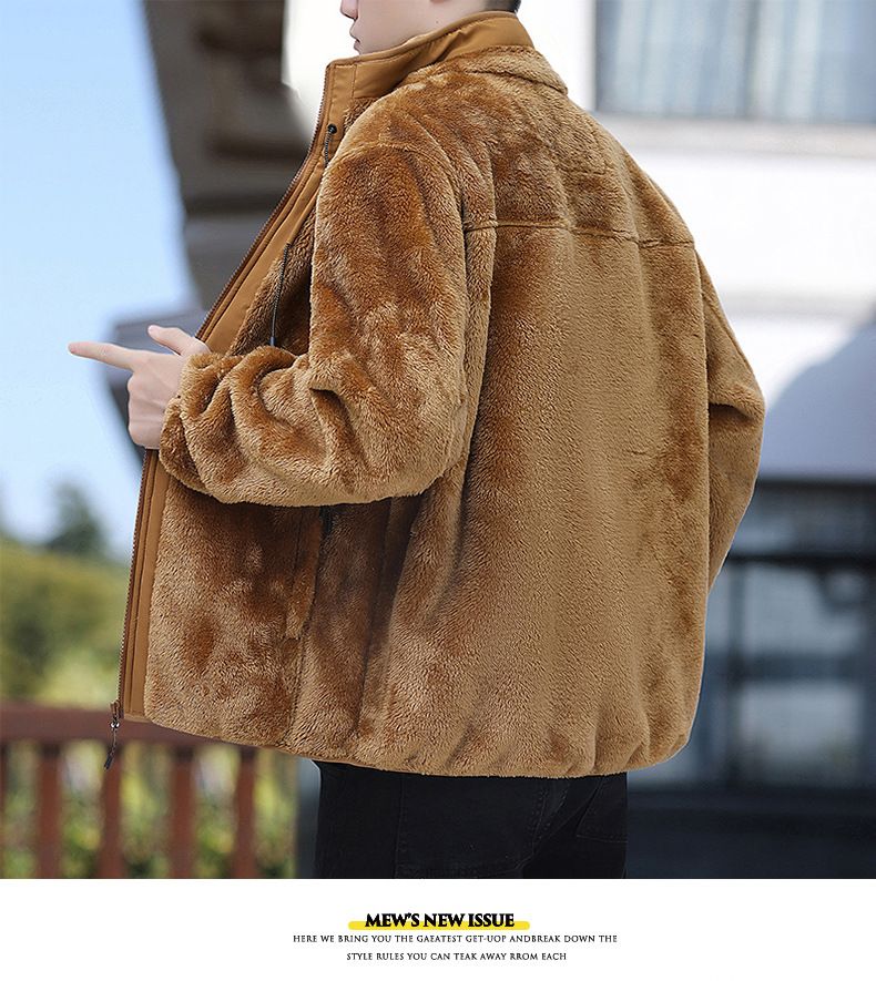 Giacca in pile foderata in sherpa da 400 g – Cappotto invernale con cerniera, vestibilità oversize coreana, collo alto antivento (M-XXXXL, nero/verde militare/caramello)_voghion.com