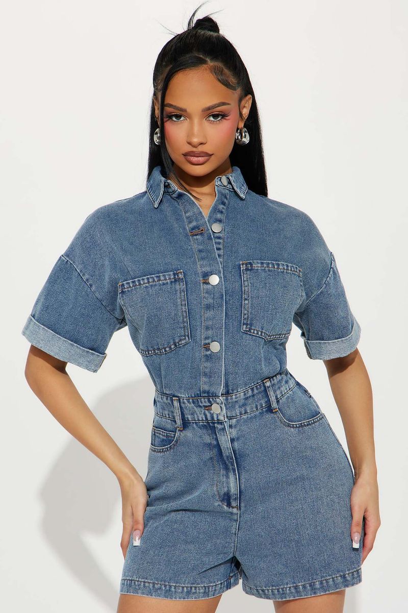 Salopetă din denim spălat, cu mânecă scurtă și elastică, lejeră, pentru femei_voghion.com
