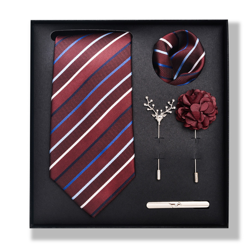 Set da uomo alla moda in tinta unita a righe con anacardi, confezione regalo da 6 pezzi, set con corsetto con fermacravatta e sciarpa quadrata_voghion.com