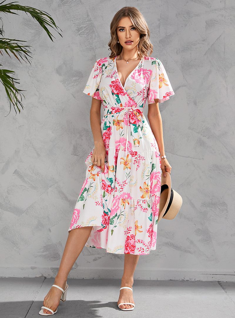 Abito estivo da donna con stampa, scollo a V, lunghezza vita, maniche corte_voghion.com