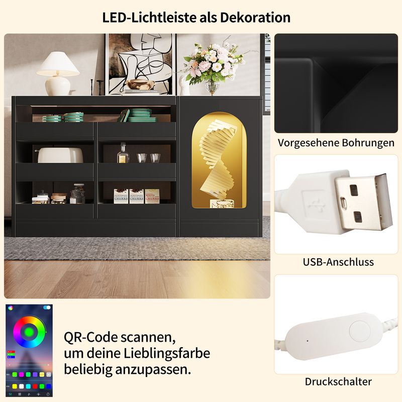 Kommode Schwarz Mit 6 Schubladen, LED-Licht, Hohlschranktür_voghion.com