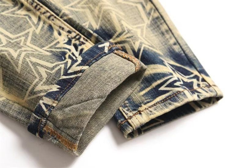 Trendy Printed Denim Suit, Men's Elastic Slim Fit, Perforated Jacket Top, Trendy Patch, Beggar Pants_voghion.com