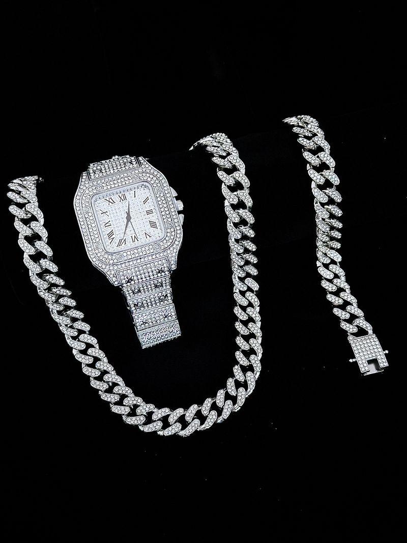 Men And Women's Jewelry - Stylish Square Watch Pendant Cuban Chain Necklace, Hip Hop Fashion Accessory, Trendy Unisex Gift, Gold And Silver Options_voghion.com