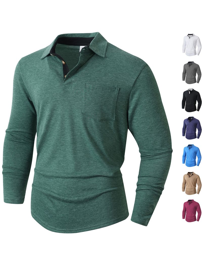 Polo a maniche lunghe da uomo - Classica t-shirt casual slim fit per autunno e inverno, traspirante e traspirante, top da allenamento in tinta unita_voghion.com