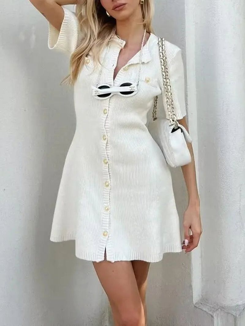 Damenbekleidung Herbst- und Wintermode Rundhals Slim Fit Kleid Knopf Einfarbig Gefälschte Tasche A-Linie Strickrock_voghion.com