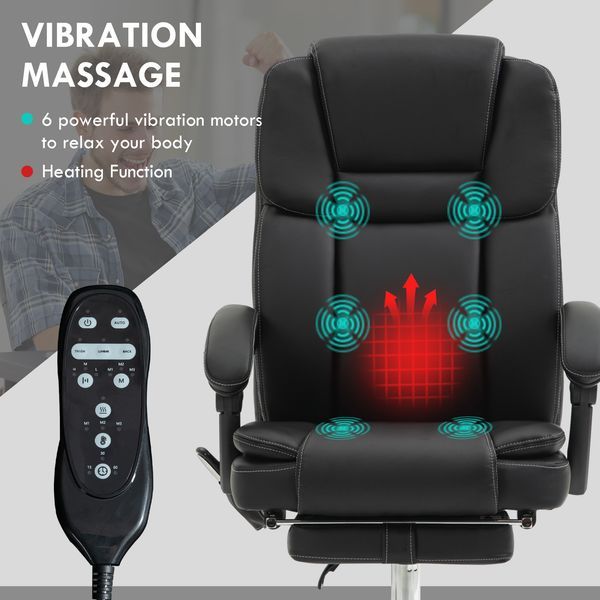Vinsetto 6 Point Vibration Massage Office Chair PU Leather Heated Reclining Adjustable Height Black_voghion.com