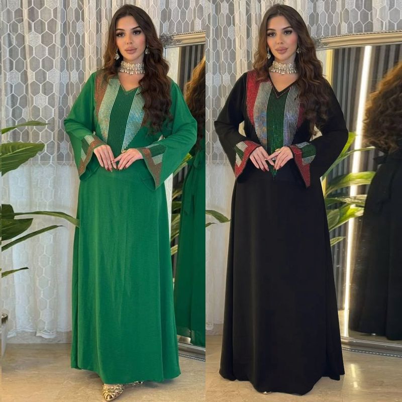XQY 500376 Dubai Abaya Muslim Elegante Bunte Strass Lange Kleid Kaftan Mit Gürtel_voghion.com