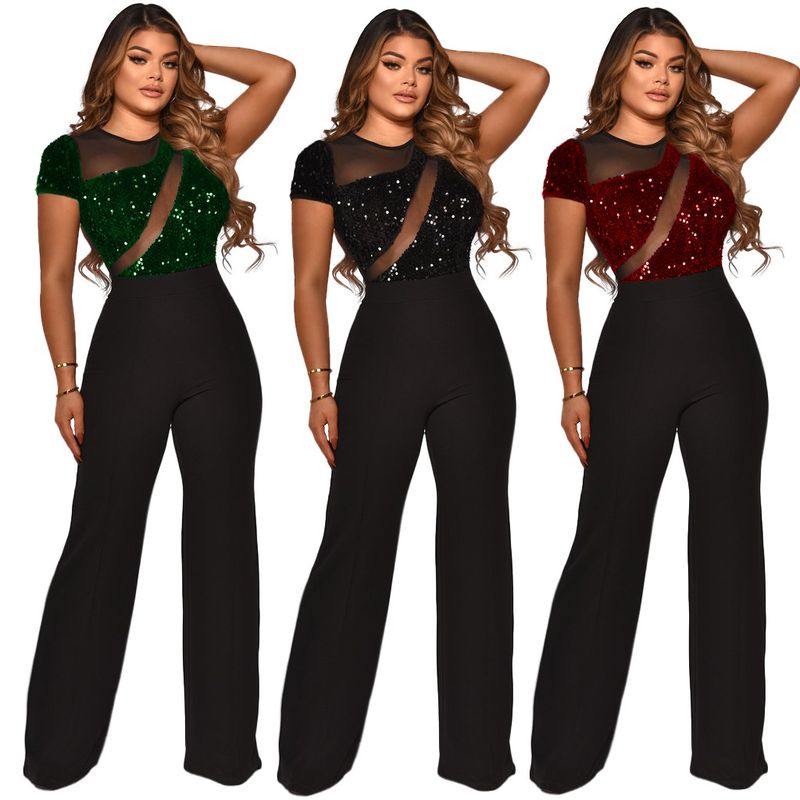 Women's Clothing Sequin Stitching Wide Leg Pants Short Sleeved Jumpsuit_voghion.com