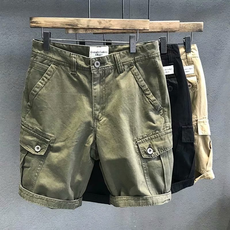 Men's clothing Khaki multi-pocket trendy casual workwear shorts men's summer shorts black loose straight pants_voghion.com