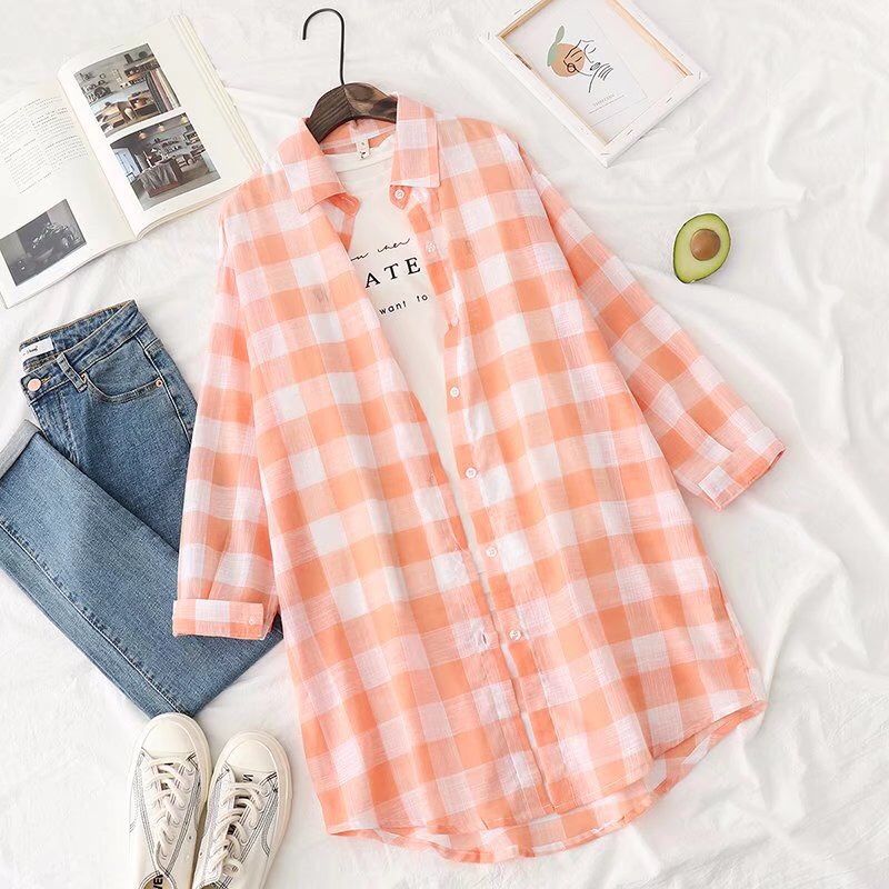 Camicia a quadri casual ampia a maniche lunghe in cotone_voghion.com