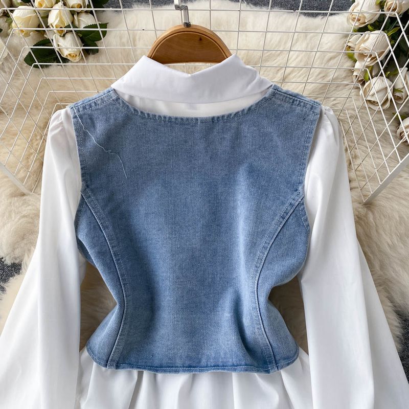 Sieviešu apģērbs Augstas kvalitātes temperamenta balta krekla kleita vasaras sieviešu īsa džinsa veste divi topi komplekti_voghion.com