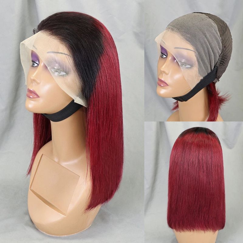 Rak Peruk med Lace Frontal-hår, Kort Bob, 1B/99J, Äkta Hår_voghion.com