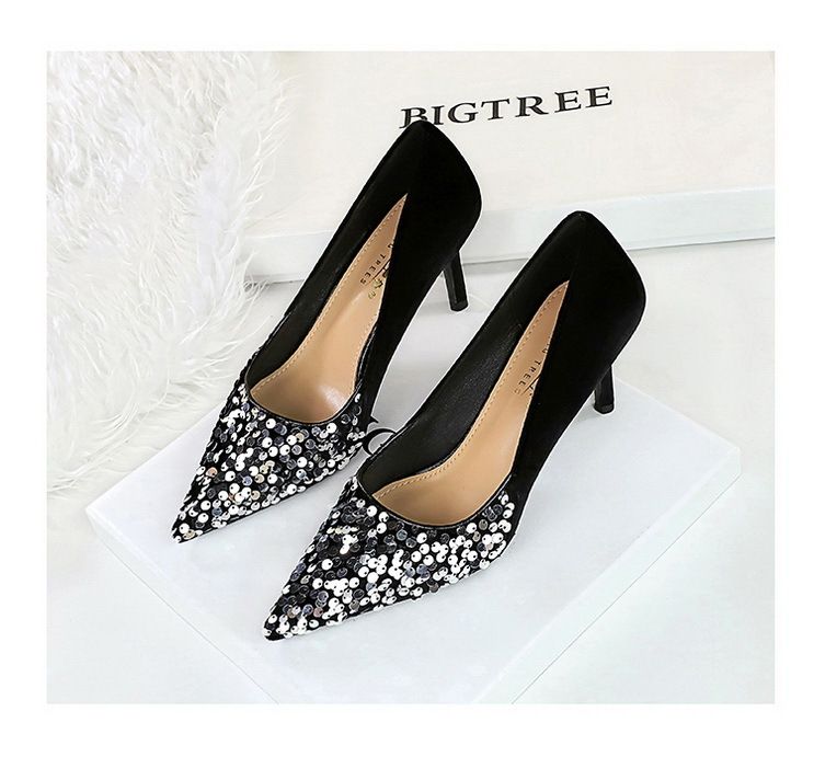 7236-1 Stijl Fahion Licht Luxe Banket Dames Hoge Slanke Hak Ondiepe Mond Puntige Gesplitste Pailletten Stof Enkel_voghion.com