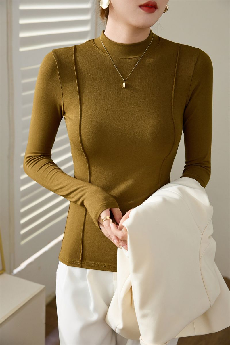 Women's Clothing Maillard high end design 2024 autumn and winter new half high collar T shirt women's long sleeved slim bottoming shirt top trend_voghion.com